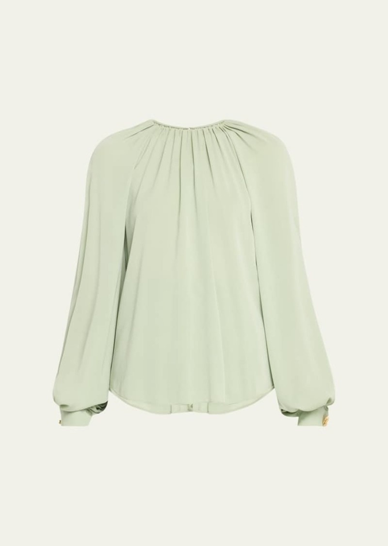 Oscar de la Renta Jewel-Neck Long-Sleeve Silk Georgette Blouse