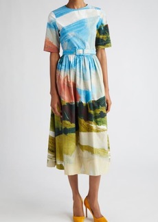 Oscar de la Renta Landscape Print Belted Stretch Cotton Midi Dress
