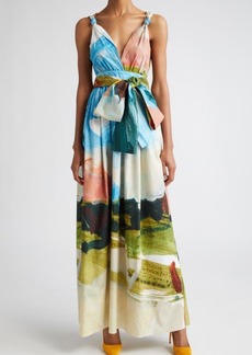 Oscar de la Renta Landscape Print Bow Detail Stretch Cotton Dress