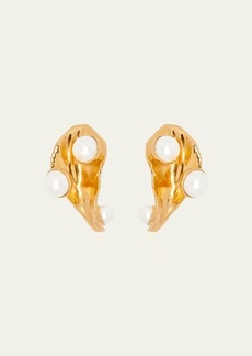 Oscar de la Renta Large Abstract Leaf Earrings with Faux Pearls