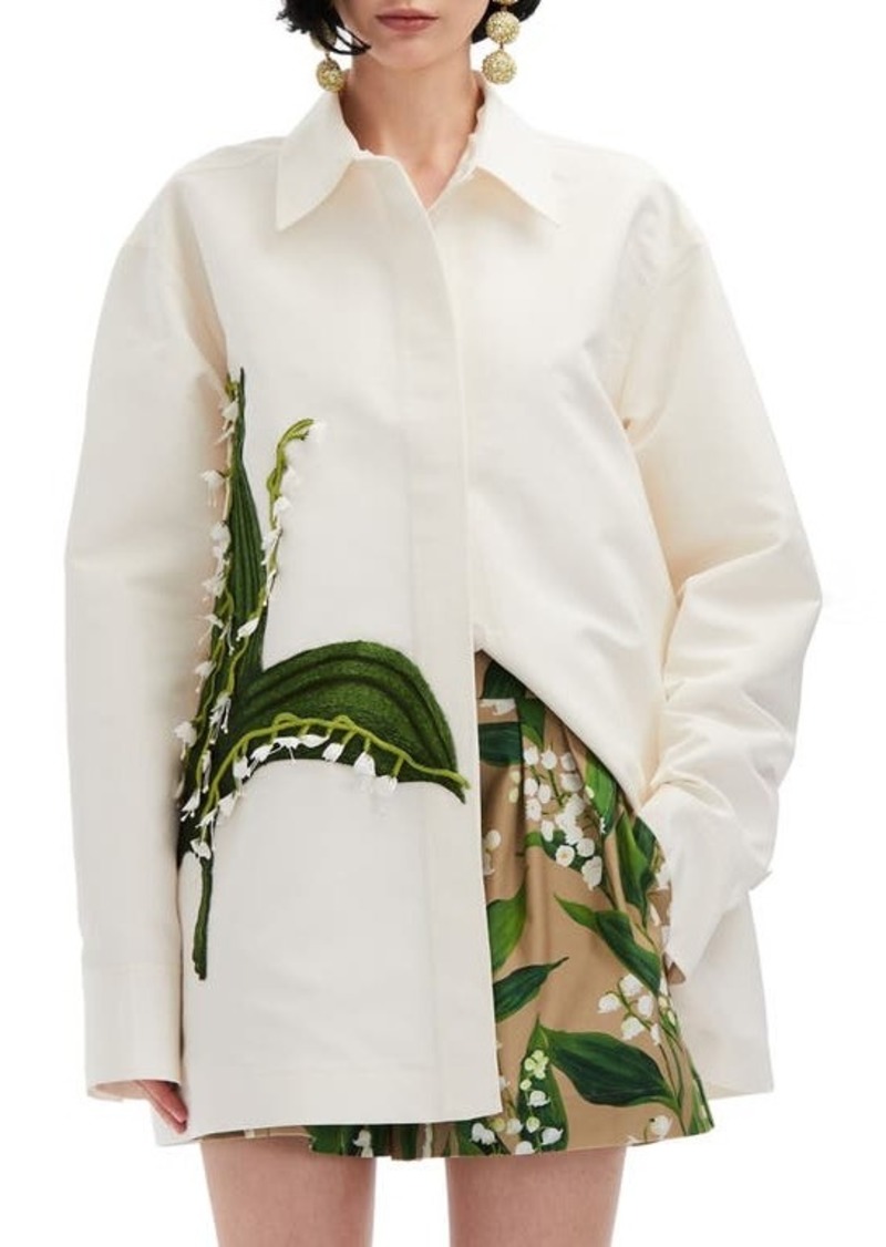 Oscar de la Renta Lily of the Valley Boxy Embroidered Silk Button-Up Shirt