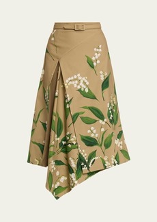 Oscar de la Renta Lily Of The Valley Cotton Twill Midi Skirt