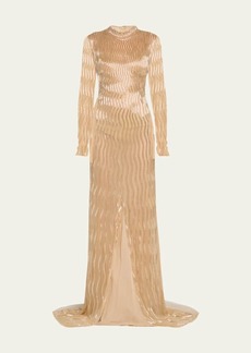 Oscar de la Renta Long-Sleeve Sequin Wave Embellished Tulle Gown