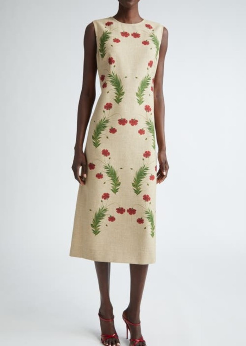Oscar de la Renta Marbled Carnation Print Sleeveless Midi Dress