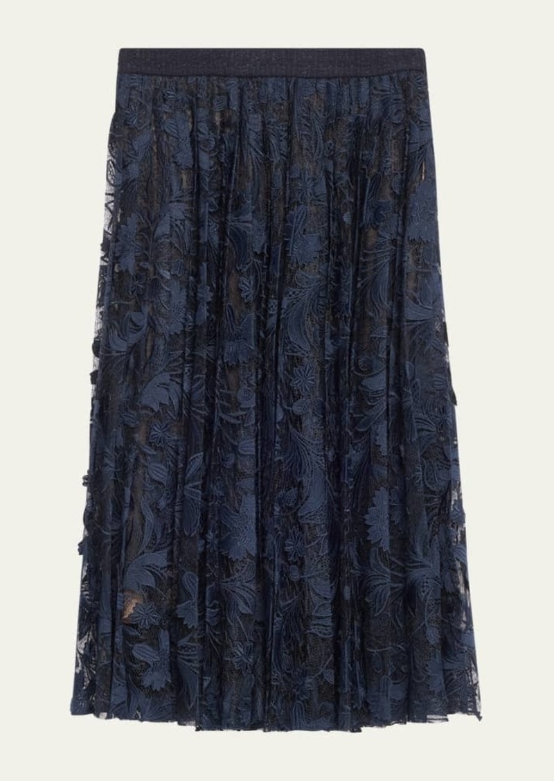 Oscar de la Renta Marbled Carnation Tulle Guipure Pleated Midi Skirt