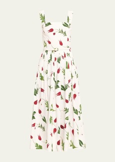 Oscar de la Renta Marbled Tulips Cotton Poplin Square-Neck Sleeveless Midi Dress With Self-Belt
