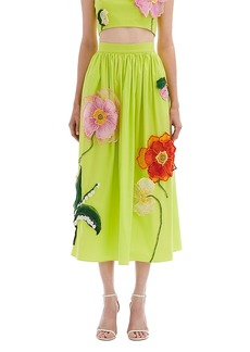 Oscar de la Renta Painted Poppies Embroidered Skirt