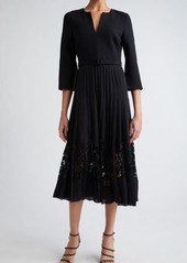 Oscar de la Renta Pleated Skirt Mixed Media Midi Dress