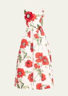 Oscar de la Renta Poppies-Print Flower-Applique Scoop-Neck Sleeveless Midi Dress