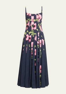 Oscar de la Renta Poppies-Print Square-Neck Sleeveless Inset Midi Dress