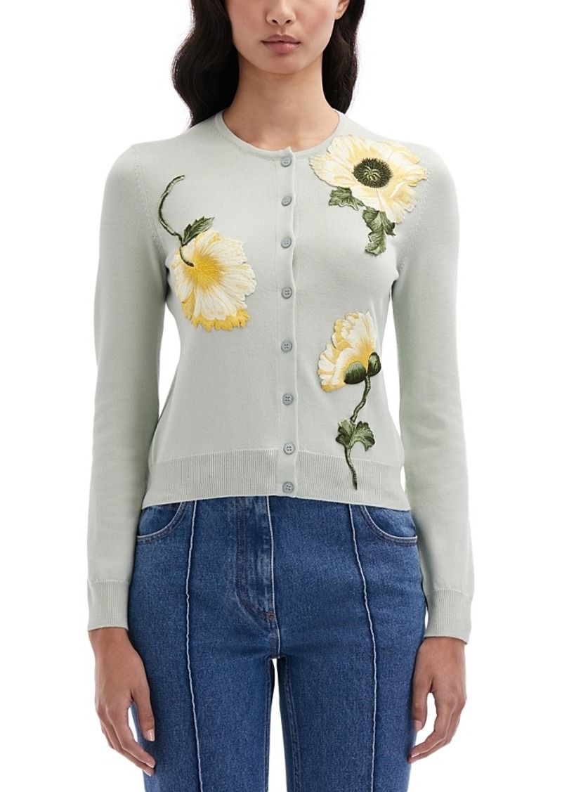 Oscar de la Renta Poppy Applique Wool Cardigan Sweater