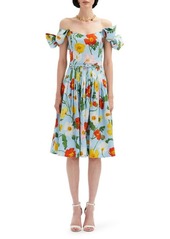 Oscar de la Renta Poppy Print Belted Off the Shoulder Bow Detail Dress