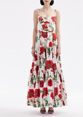 Oscar de la Renta Poppy Print Belted Tiered Stretch Cotton Dress