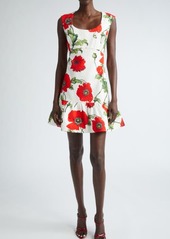 Oscar de la Renta Poppy Print Cap Sleeve Flounce Hem Cotton Blend Minidress