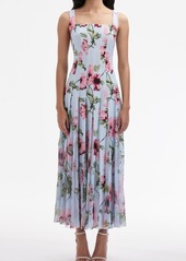 Oscar de la Renta Poppy Print Pleated Square Neck Dress