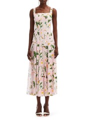 Oscar de la Renta Poppy Print Pleated Square Neck Midi Dress