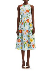 Oscar de la Renta Poppy Print Sleeveless Belted Dress