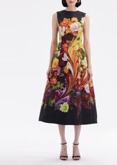 Oscar de la Renta Rainbow Flower Marble Print Faille Midi Cocktail Dress