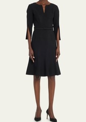 Oscar de la Renta Split-Neck Belted Dress