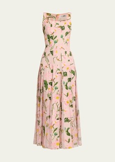 Oscar de la Renta Square-Neck Painted Poppies Pleated Cady Sleeveless Midi Dress