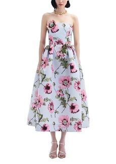 Oscar de la Renta Strapless Embroidered Poppies Faille Dress