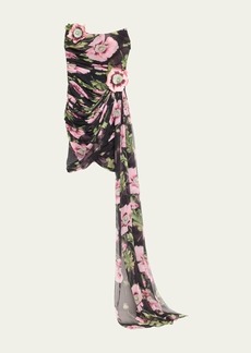 Oscar de la Renta Strapless Poppies Silk Chiffon Draped Mini Dress