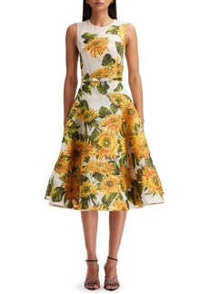 Oscar de la Renta Sunflower Embroidered Sleeveless Fit & Flare Dress