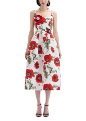 Oscar de la Renta Threadwork Embroidered Poppies Faille Dress
