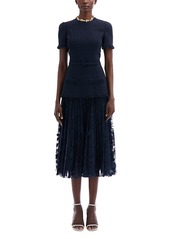 Oscar de la Renta Tweed & Guipure Lace Skirt Midi Dress With Belt