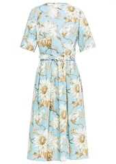 Oscar De La Renta Woman Belted Floral-print Stretch-cotton Poplin Midi Dress Sky Blue