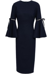 Oscar De La Renta Woman Bow-embellished Mesh-trimmed Wool-blend Dress Navy