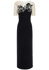 Oscar De La Renta Woman Embellished Tulle-paneled Wool-blend Crepe Midi Dress Black