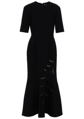Oscar de la Renta - Floral appliquéd tulle-trimmed wool-blend midi dress - Black - US 2