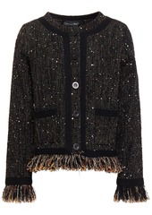 Oscar De La Renta Woman Frayed Sequin-embellished Tweed Jacket Black