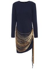 Oscar De La Renta Woman Fringed Bead-embellished Wool-blend Crepe Mini Dress Midnight Blue