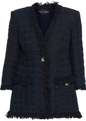 Oscar De La Renta Woman Fringed Cotton-blend Tweed Jacket Midnight Blue
