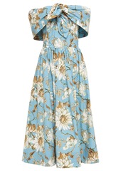 Oscar De La Renta Woman Off-the-shoulder Knotted Floral-print Cotton-blend Poplin Midi Dress Light Blue