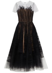 Oscar De La Renta Woman Pleated Lace-appliquéd Tulle Midi Dress Black