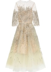 Oscar De La Renta Woman Sequin-embellished Appliquéd Tulle Midi Dress Beige
