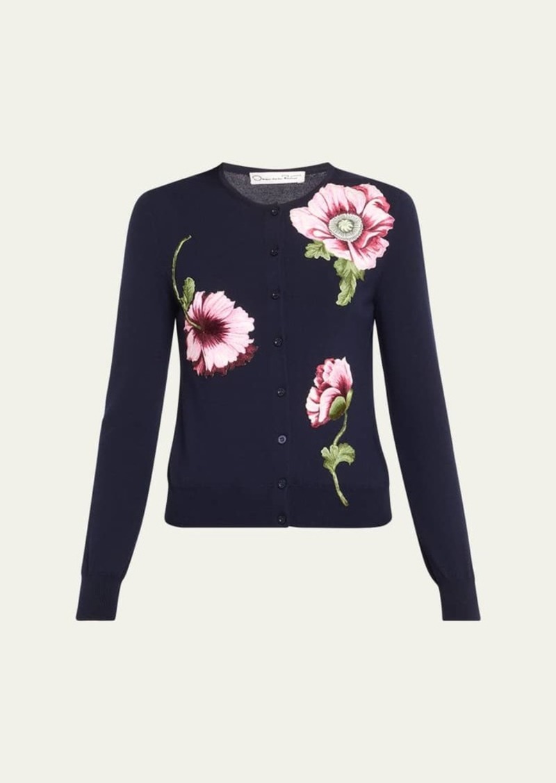 Oscar de la Renta Wool Knit Cardigan with Threadwork Embroidered Poppies