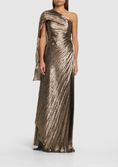 Oscar de la Renta Pleated Lamé One Shoulder Gown