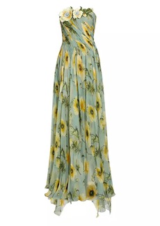 Oscar de la Renta Poppies Silk Chiffon Pleated Gown