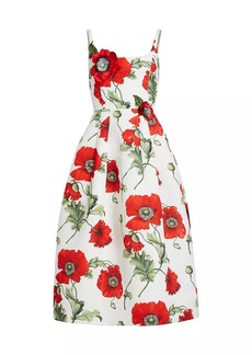 Oscar de la Renta Poppies Silk Faille Midi-Dress
