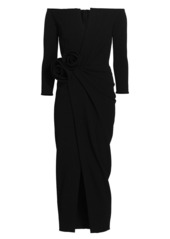 Oscar de la Renta Rosette Long Sleeve V-Neckline Cocktail Dress