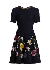 Oscar de la Renta Short Sleeve Floral Knit Fit-&-Flare Dress