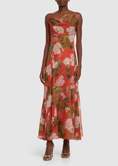 Oscar de la Renta Silk Chiffon Printed Plunge Midi Dress
