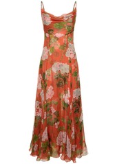 Oscar de la Renta Silk Chiffon Printed Plunge Midi Dress