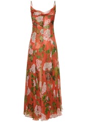 Oscar de la Renta Silk Chiffon Printed Plunge Midi Dress