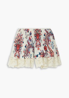 Paco Rabanne - Lace-trimmed floral-print plissé-crepe de chine shorts - White - FR 34
