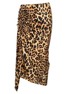 Paco Rabanne Midi Leopard Print Ruched Skirt in Brown Viscose